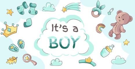 Hand drawn baby boy shower set. Cartoon toys, shoes, socks, clouds, bear, stars, baby rattle. Сute and colorful background for baby party invitation. Vector children banner template for you design.