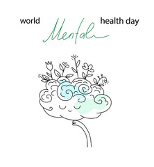 Vector world mental health day poster doodle hand drawn style illustration.