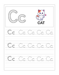 Alphabet letters tracing worksheet. Tracing practice worksheet. Learning alphabet activity page. Letter C