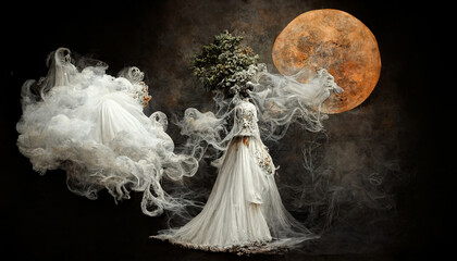 Digital 3d illustration of a woman in dark dress emerging from smoke. Horror and Halloween concept.
