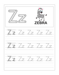 Alphabet letters tracing worksheet. Tracing practice worksheet. Learning alphabet activity page. Letter Z