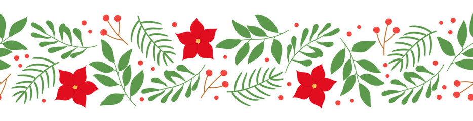 Seamless border with winter twigs and poinsettia flowers on white background. Template for winter Christmas design 