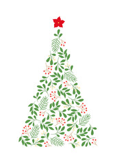 Christmas tree silhouette with winter twigs and berries pattern. Template for greeting cards, invitation, poster, banner, flyer