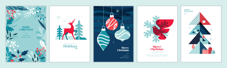 2023 Merry Christmas and Happy New Year greeting cards templates. Vector illustrations for posters, banners, backgrounds or greeting cards.