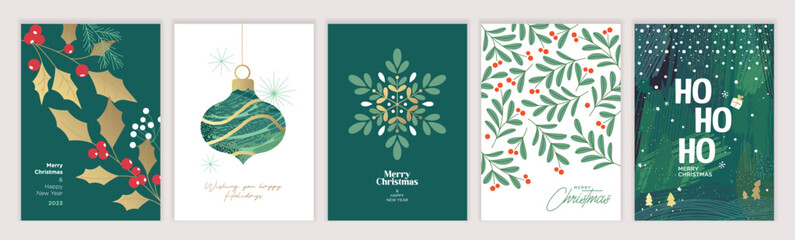 Fototapeta Merry Christmas and Happy New Year. Set of vector illustrations for background, greeting card, party invitation card, website banner, social media banner, marketing material. obraz