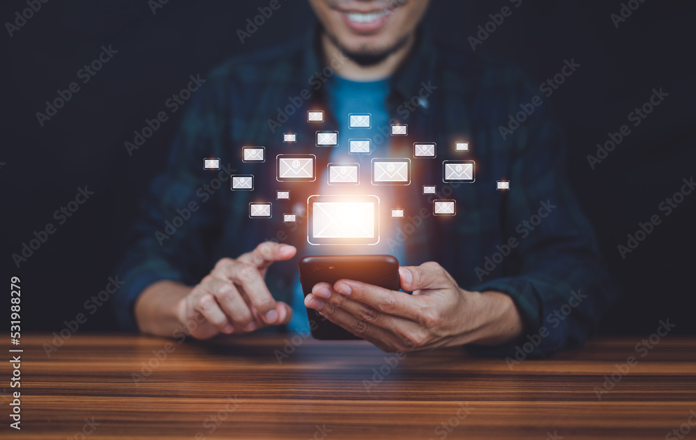 Poster man reading business email newsletter on smartphone , man looking mailbox customer contract communic
