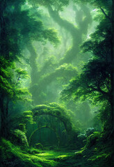 Fototapeta na wymiar Path to another dimension. In a dense green forest. The leaves on the trees are green. The whole earth is covered with green grass. 3D illustration.