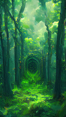 Path to another dimension. In a dense green forest. The leaves on the trees are green. The whole earth is covered with green grass. 3D illustration.