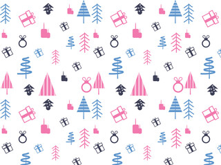Winter seamless pattern with christmas trees, spruce woods on white background. Surface design for wrapping, giftwrap, textile, fabric, paperand scrapbook