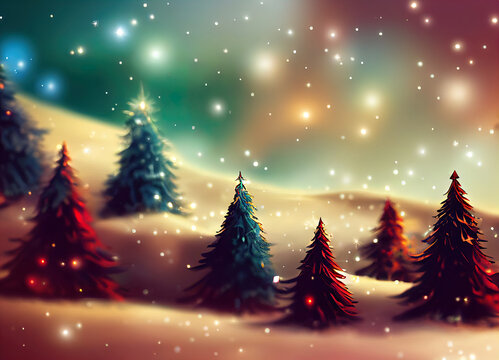 Beautiful forest illustration, Christmas fir trees, winter nature, holiday background, snowfall, outdoor. 3d Illustration