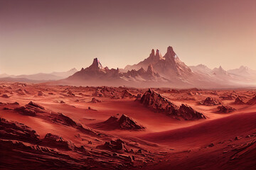 Naklejka premium Landscape on the planet Mars, surface is a picturesque desert on red planet. Background of space game, cover, poster with red earth, mountains, stars, 3d artwork