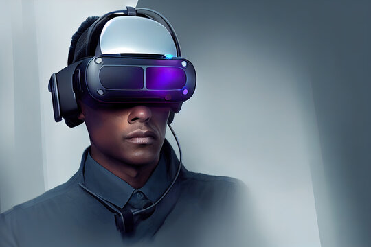 Portrait of a futuristic gamer with vr glasses. A high-tech man from the future. The concept of virtual reality. 3D Illistration.