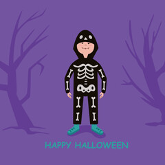 happy cute little kid boy celebrate Halloween wears skeleton costume