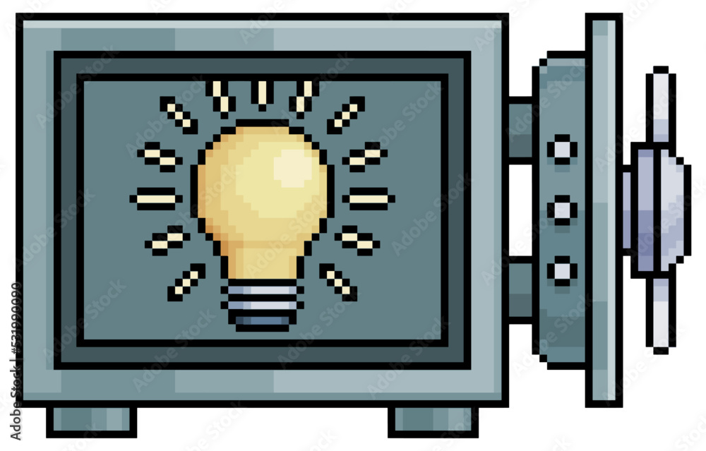 Poster pixel art safe box with lamp, saved idea vault vector icon for 8bit game on white background