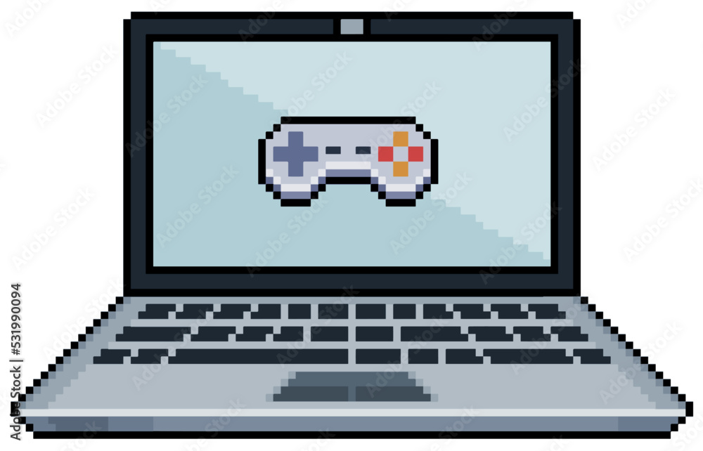 Poster pixel art laptop with video game joystick icon on screen vector icon for 8bit game on white backgrou
