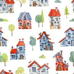 Seamless watercolor pattern with cute colored brick houses with tiled roofs and trees on a white background.