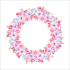 Cute floral frame decorated with abstract delicate pink flowers and leaves on a white background. Suitable for templates with copy space, posters, prints, postcards, invitations, answers to questions.