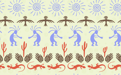Kokopelli with flute, pangolin, hawk, sun symbol, hands and plant tribal vector seamless pattern.