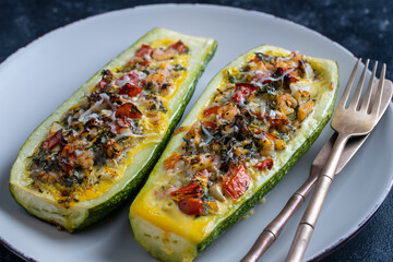 Zucchini stuffed with shrimps, vegetables and cheese. Baked zucchini boats