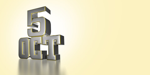 Oct 5 th.Day 5 of October month stainless steel gold rim 3D illustration on light cream color background have work path.Empty space for text.