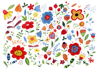 Watercolor set of bright, colored abstract flowers on a white background for an ornament or decor in retro style