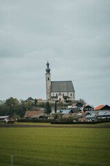 Austrian castle on the background of the beautiful houses