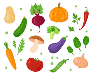 Set with different cartoon vegetables and herbs for farmer's markets and festivals, shops, websites, apps etc. Organic and fresh local food. Vegetarian or vegan theme. Vector flat style illustration.