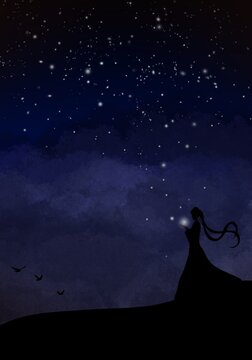 Make a wish. Girl holding star silhouette art