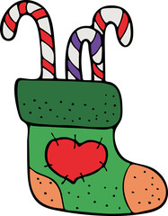 Hand drawn Christmas stocking. Vector illustration, doodle style.