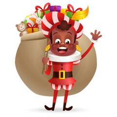 Cute boy in red costume with gift bag - Sinterklaas friend - vector illustration isolated