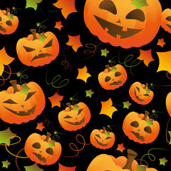 Autumn pattern with multicolor leaves and Halloween pumpkins