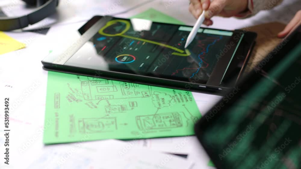 Aufkleber Planning data, work tablet and business person working on future of startup with charts, writing financial strategy and reading stats online at work. Analytics worker doing finance marketing on web