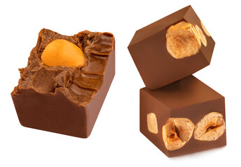 Caramel candies with  sauce isolated on a white background close up. Crushed caramel Pieces