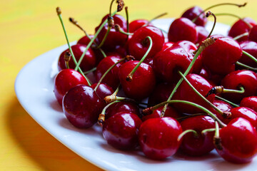 Fresh ripe cherries in a bowl with water drops. Side view on yellow background