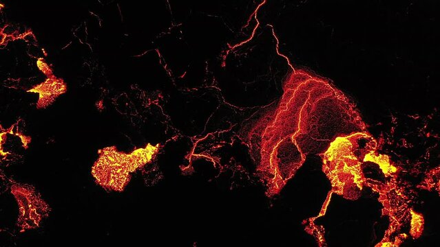 Aerial panoramic footage of Meradalir lava river field. Iceland 20.8.2022. Drone footage, lava is spreading out of crater.