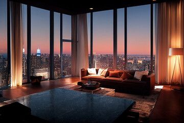 Concept art illustration of luxury penthouse living room interior in New York city - obrazy, fototapety, plakaty