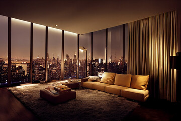 Concept art illustration of luxury penthouse living room interior in New York city - obrazy, fototapety, plakaty