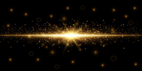 Fototapeta na wymiar Golden neon glowing beam of light exploded, star, explosion with dust and sparkles on a black background.
