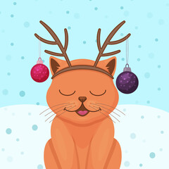 Cute christmas cat with with christmas balls and deer horns. Winter postcard. Vector illustration. Cartoon style.
