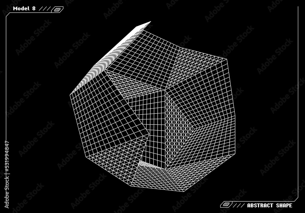 Poster Abstract 3d wireframe shape or basic element with open edge. Science and technology geometric abstraction with deformed shape.