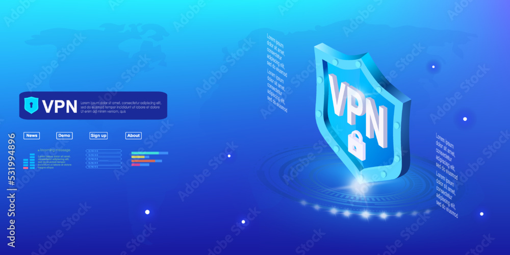 Poster vpn concept banner. futuristic shield with a hologram and vpn inscription. protection and security o