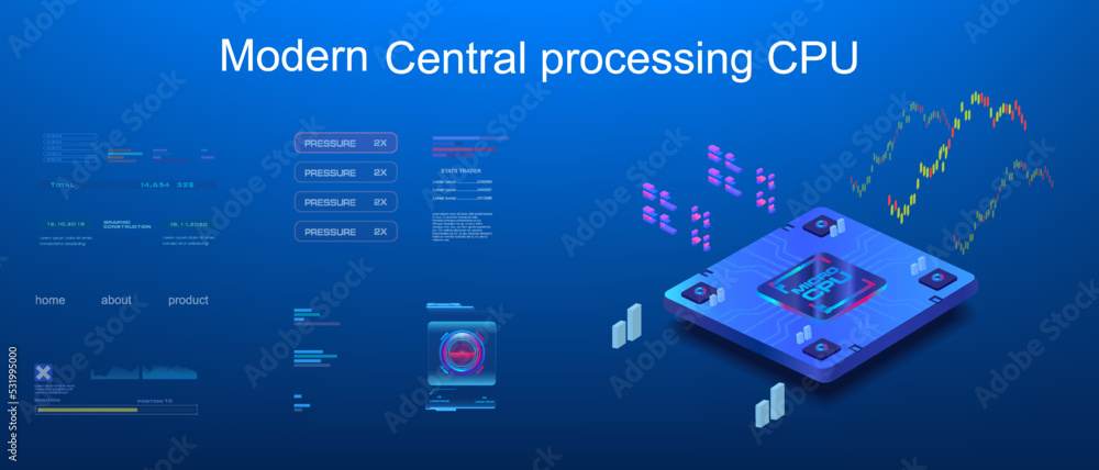 Poster cpu. presentation of a new generation processor on futuristic background with hud elements. modern d