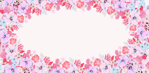 Floral vector background with colorful flowers. Delicate abstract pink flowers made by hand. Decorative element for postcards, backgrounds, banners.