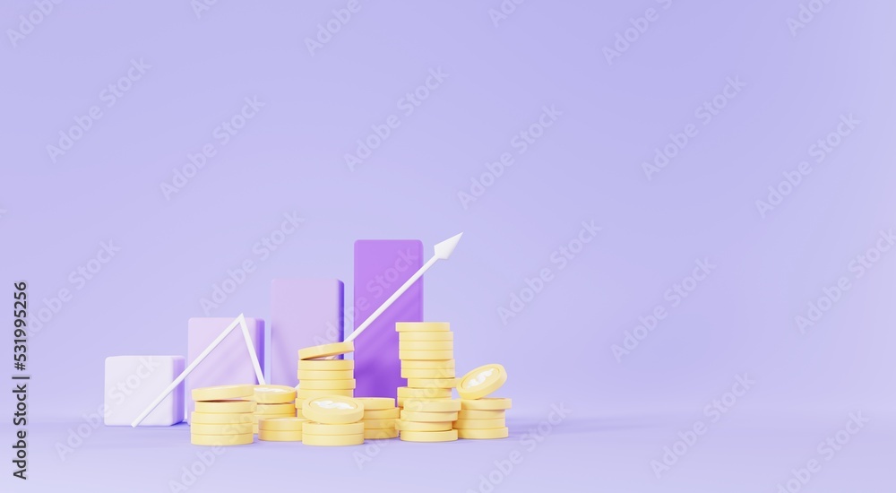 Poster 3d render of golden coins stack with growing bar graph in saving money for goal concept. minimal pas