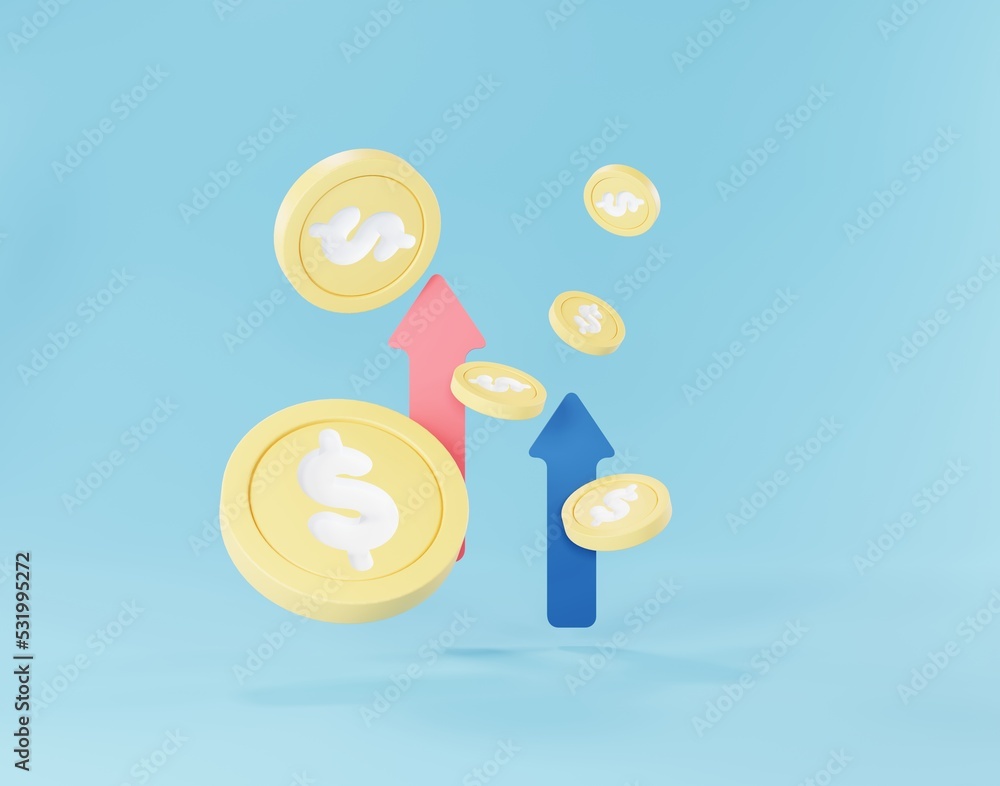 Poster 3d render of golden dollar coins stack in saving money for goal with arrow graph design concept. min