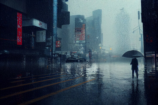Gloomy raining city centre man walking
