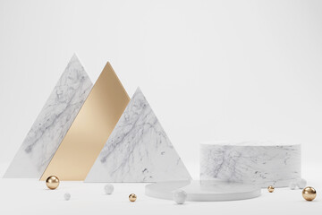 3d rendering luxury white marble pedestal and gold modern geometry element on white background for product showcase display