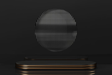 3d render mock up black pedestal for cosmetics product presentation, black podium on the black background for product showcase display
