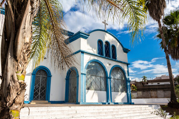 Facade and garden of the Greek Orthodox Church Panaghya Tsambika in the city of Lins, state of Sao...