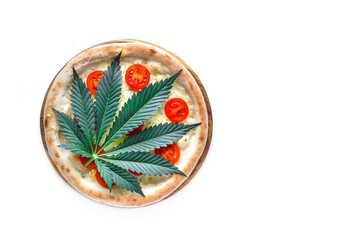Homemade pizza with marijuana or cannabis leaves isolated on white background.Cannabis is a standoff between a drug and a medicine.cannabis decorate on pizza.